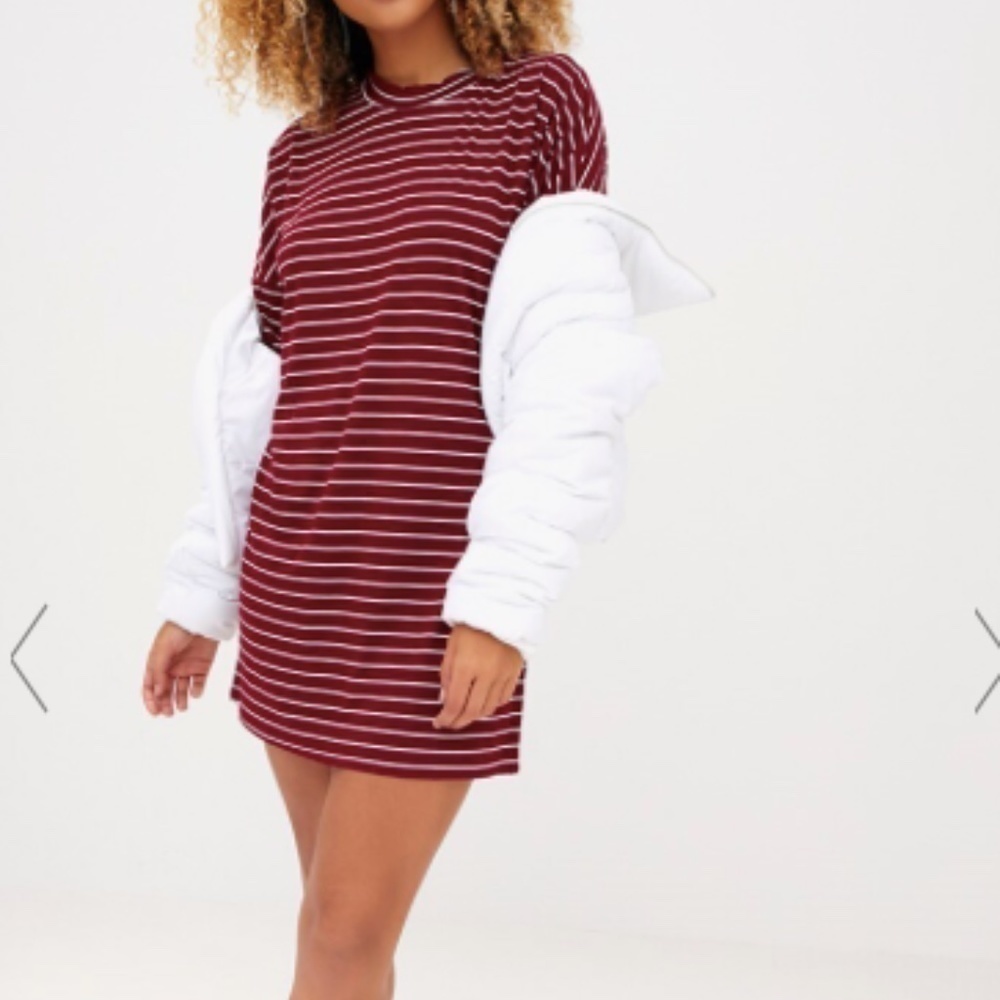 NWOT Pretty Little Thing Burgundy Striped Oversized T-Shirt Dress Size 12